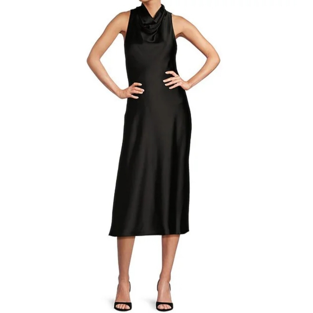 Antonio Melani midi dress 2 black satin Marine slip cowl neck long party new$200